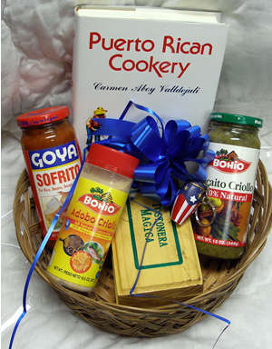  Puerto Rico Gift Basket with a Hard Cover Puerto Rican Cookery Book, Sofrito goya, Adobo Bohio, Recaito Criollo Bohio, Tostonera de Tostones Rellenos and a Key Chain